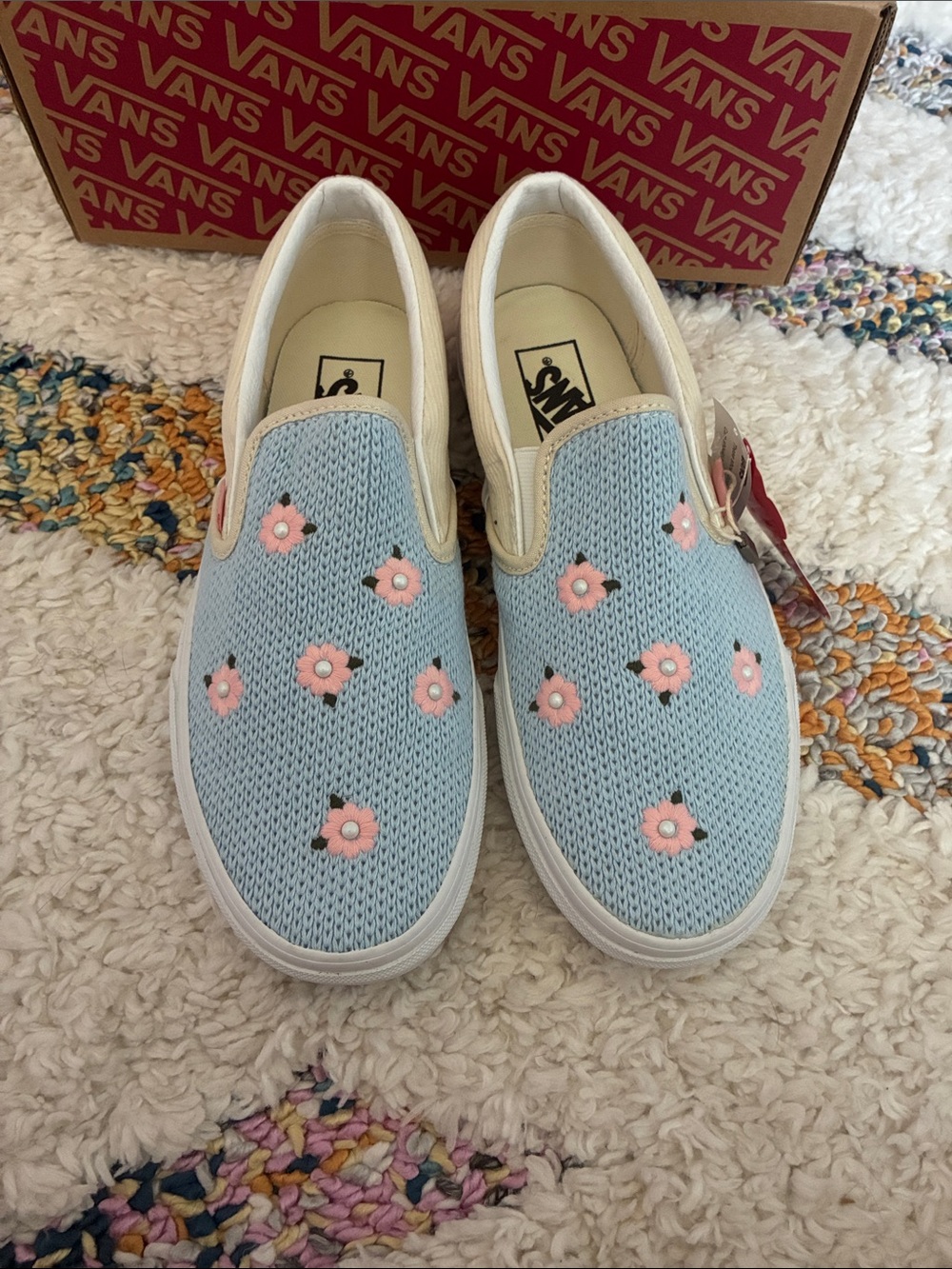 Vans NWT Light Blue Slip-On Sneakers with Pink Floral Accents - Picture 2 of 6